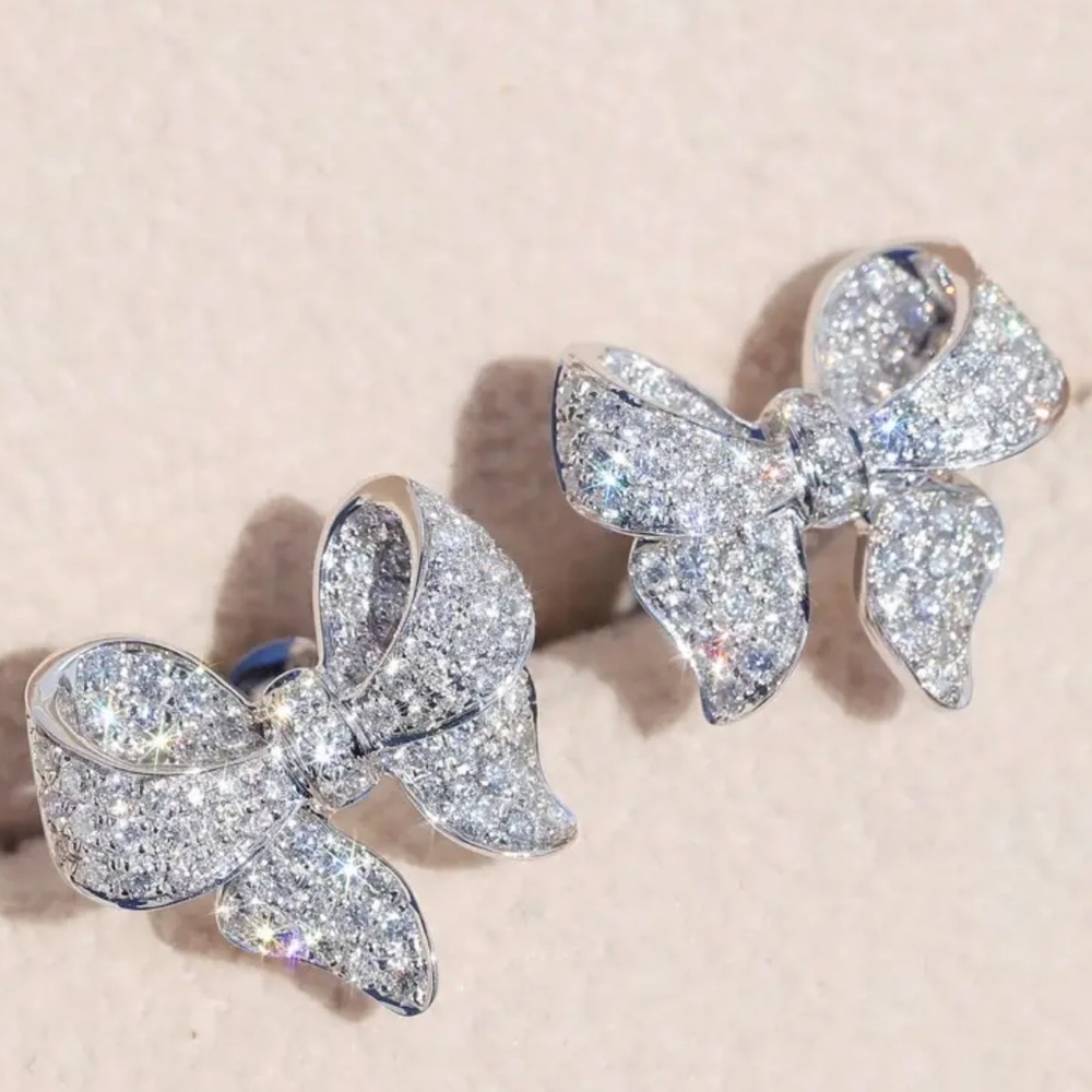 Shiny Bow knot Stud Earrings Inlaid Shiny Zircon Elegant Daily Wear Jewelry - Picture 3 of 8